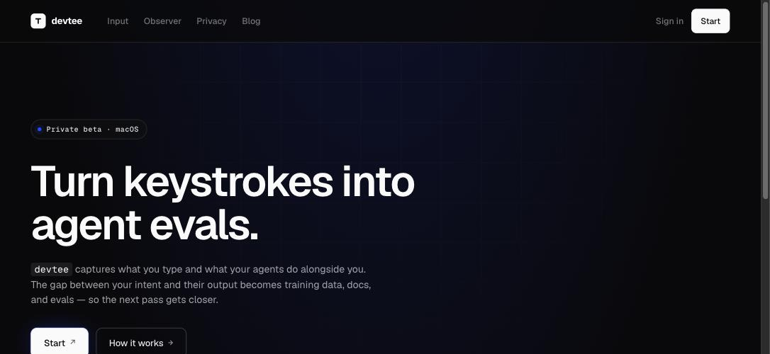 The devtee home page: turn keystrokes into agent evals.