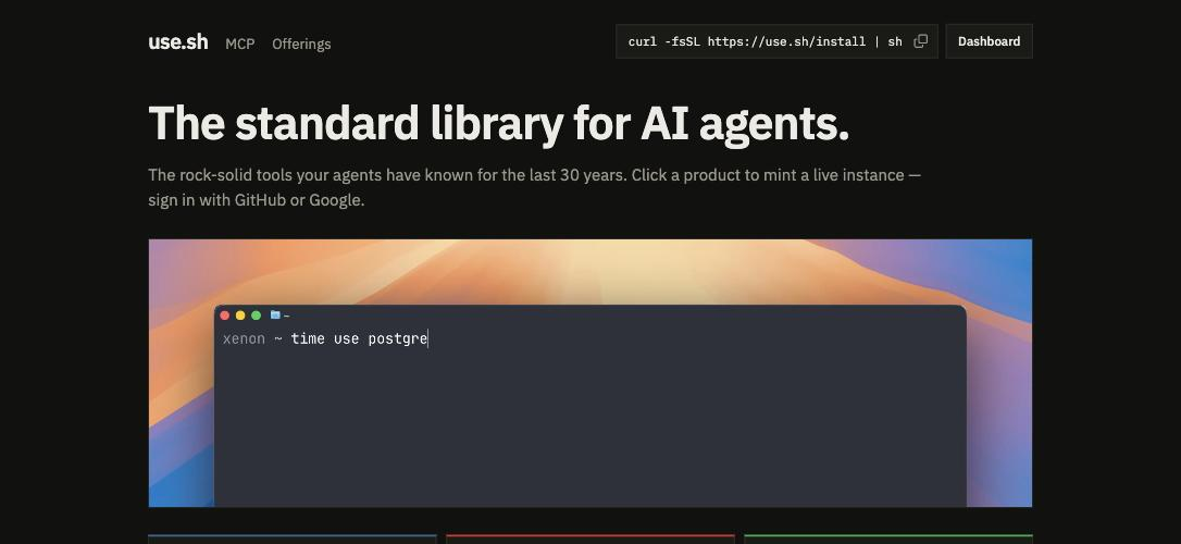 The use.sh home page: one command mints a live Postgres, Redis, MongoDB or IRC instance.